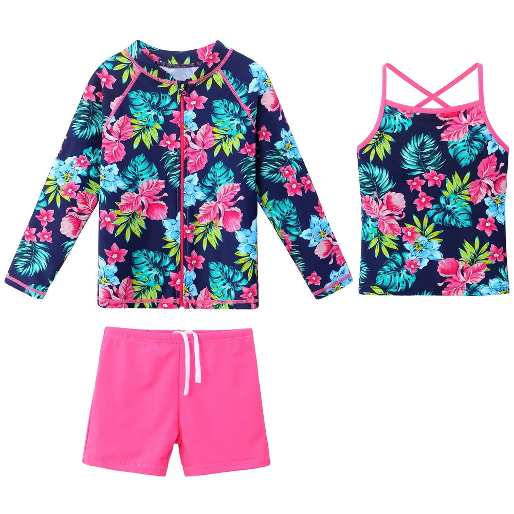 BAOHULU UPF50+ Swimsuit Girls Floral Long Sleeve Bathing Suit for Kids 3 pcs Bikinis Top+Shorts Children Swimwear with zipper 11