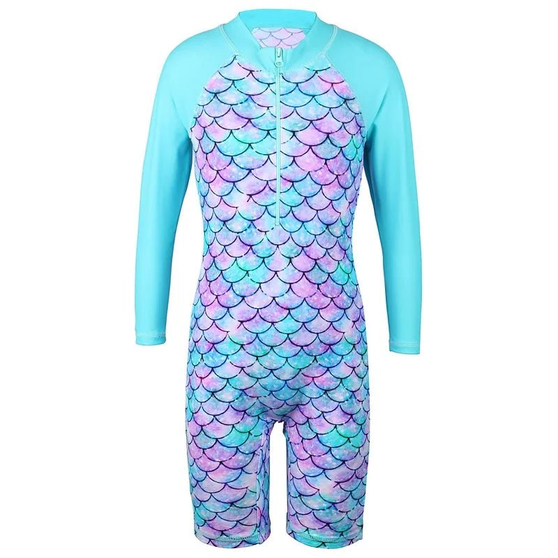 BAOHULU Cyan Floral Long Sleeve Girls Swimwear One Piece Children Swimming Suits UPF50+ Swimsuit Kids 4-11 Years Rash Guards 12