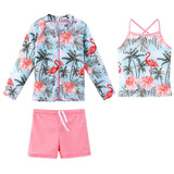 UPF50+ Swimsuit Girls Floral Long Sleeve Bathing Suit for Kids 3 pcs Bikinis Top+Shorts Children Swimwear with zipper