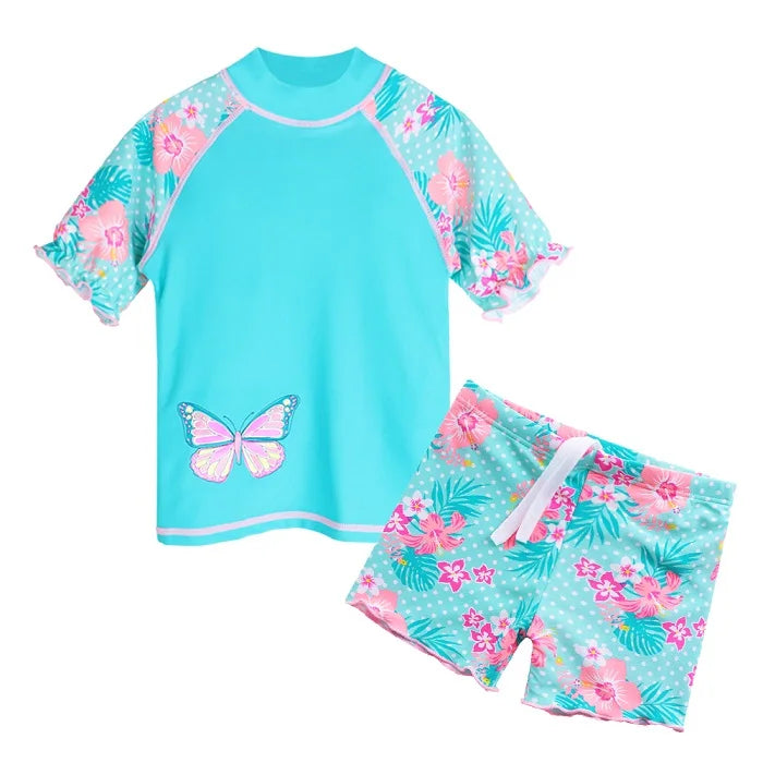 BAOHULU Summer Printed Butterfly Girls Swimsuit Children Swimwear UPF50+ Kids Beach Swimming Suits Bathing Suit Girl Cyan 11