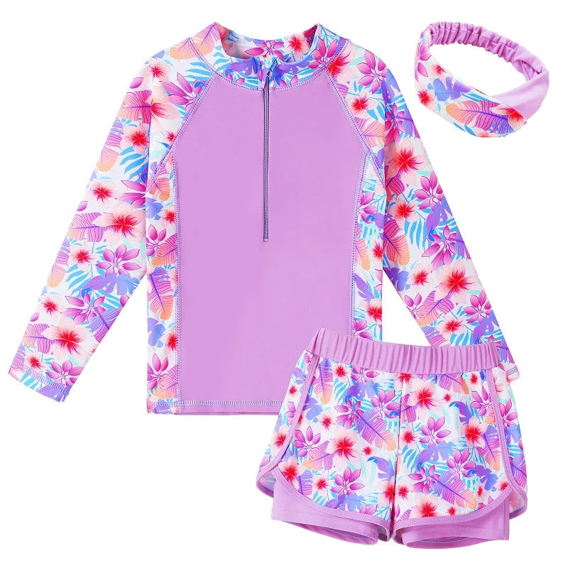 BAOHULU Kids Three Pieces Swimwear Teens Swimsuit  UPF50+ Sun Protective Swimming Suit with Hairband Summer Beach Wear Rashguard 8