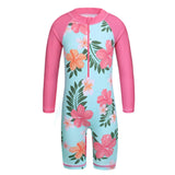 Cyan Floral Long Sleeve Girls Swimwear One Piece Children Swimming Suits UPF50+ Swimsuit Kids 4-11 Years Rash Guards