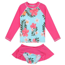 Load image into Gallery viewer, BAOHULU Cyan Floral Girls Swimwear Long Sleeve Kids Rash guards Set with Swim Skirt Children&#39;s Swimwear Beach Bathing Suit Girl 1