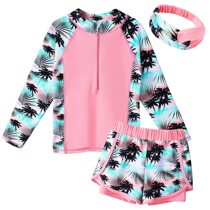 BAOHULU Kids Three Pieces Swimwear Teens Swimsuit  UPF50+ Sun Protective Swimming Suit with Hairband Summer Beach Wear Rashguard 9