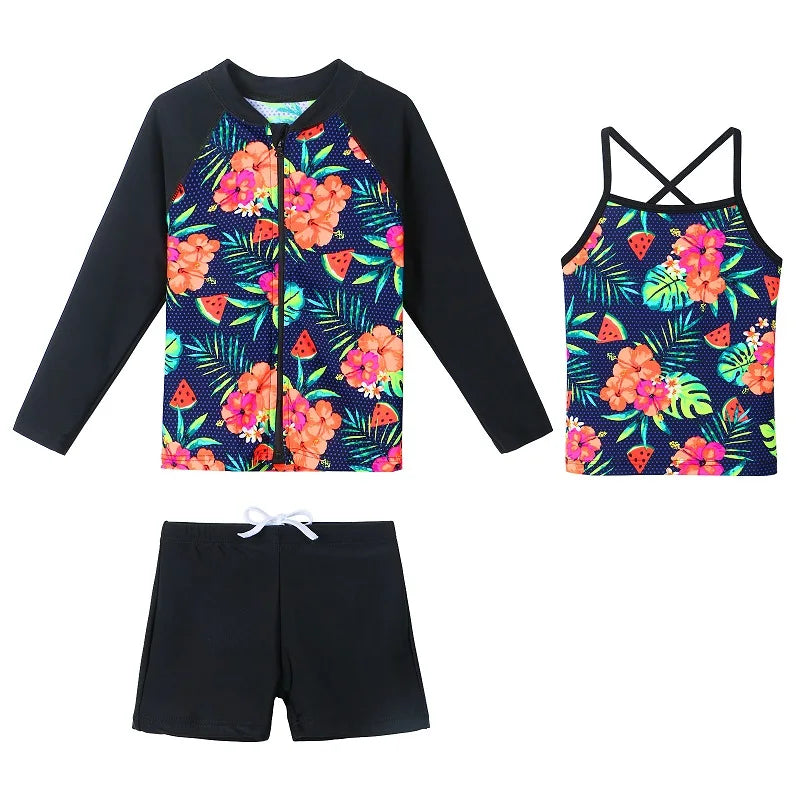 BAOHULU UPF50+ Swimsuit Girls Floral Long Sleeve Bathing Suit for Kids 3 pcs Bikinis Top+Shorts Children Swimwear with zipper 12