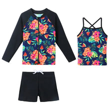 Load image into Gallery viewer, BAOHULU UPF50+ Swimsuit Girls Floral Long Sleeve Bathing Suit for Kids 3 pcs Bikinis Top+Shorts Children Swimwear with zipper 12