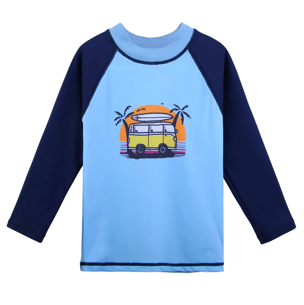 BAOHULU Kids Long Sleeve Swimsuit Children Blue Car Print Swimwear Two Pieces Sport Style Bathing Suit UPF 50+ Beachwear 2