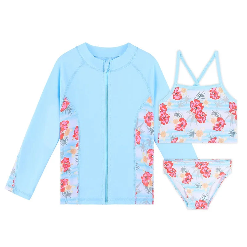 BAOHULU Children's Swimwear Cyan Floral Swimsuit Girls Bikini Tankini Set Swimwear Kids Long Sleeve Swimming Suits for Girl 9