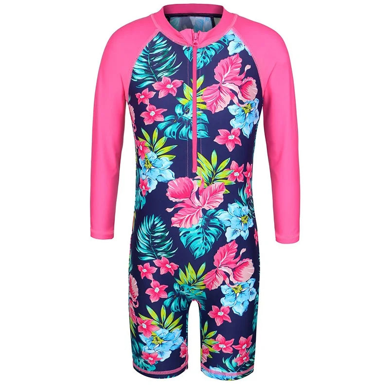 BAOHULU Cyan Floral Long Sleeve Girls Swimwear One Piece Children Swimming Suits UPF50+ Swimsuit Kids 4-11 Years Rash Guards 8