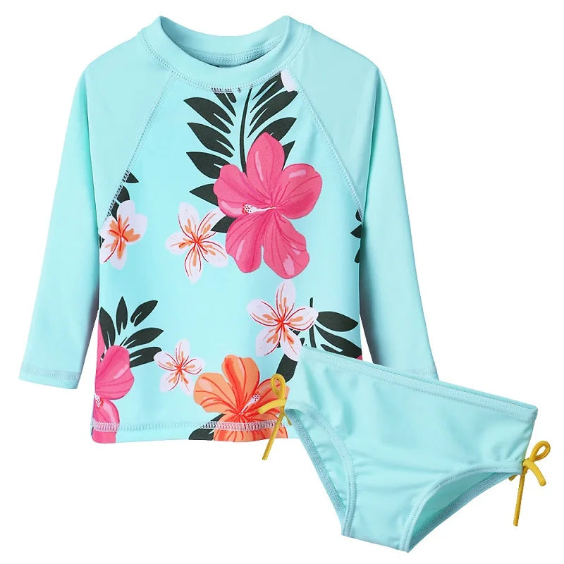 BAOHULU Floral Baby Girl Swimwear Long Sleeve Infant Bathing Suit Cyan UPF50+ Swimsuit for Toddler Girls Teens Children Swimwear 9