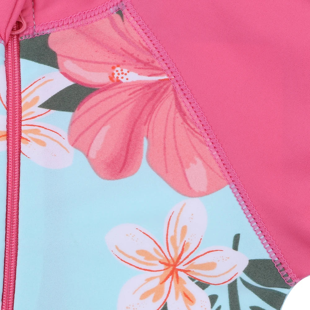 BAOHULU Cyan Floral Long Sleeve Girls Swimwear One Piece Children Swimming Suits UPF50+ Swimsuit Kids 4-11 Years Rash Guards 4