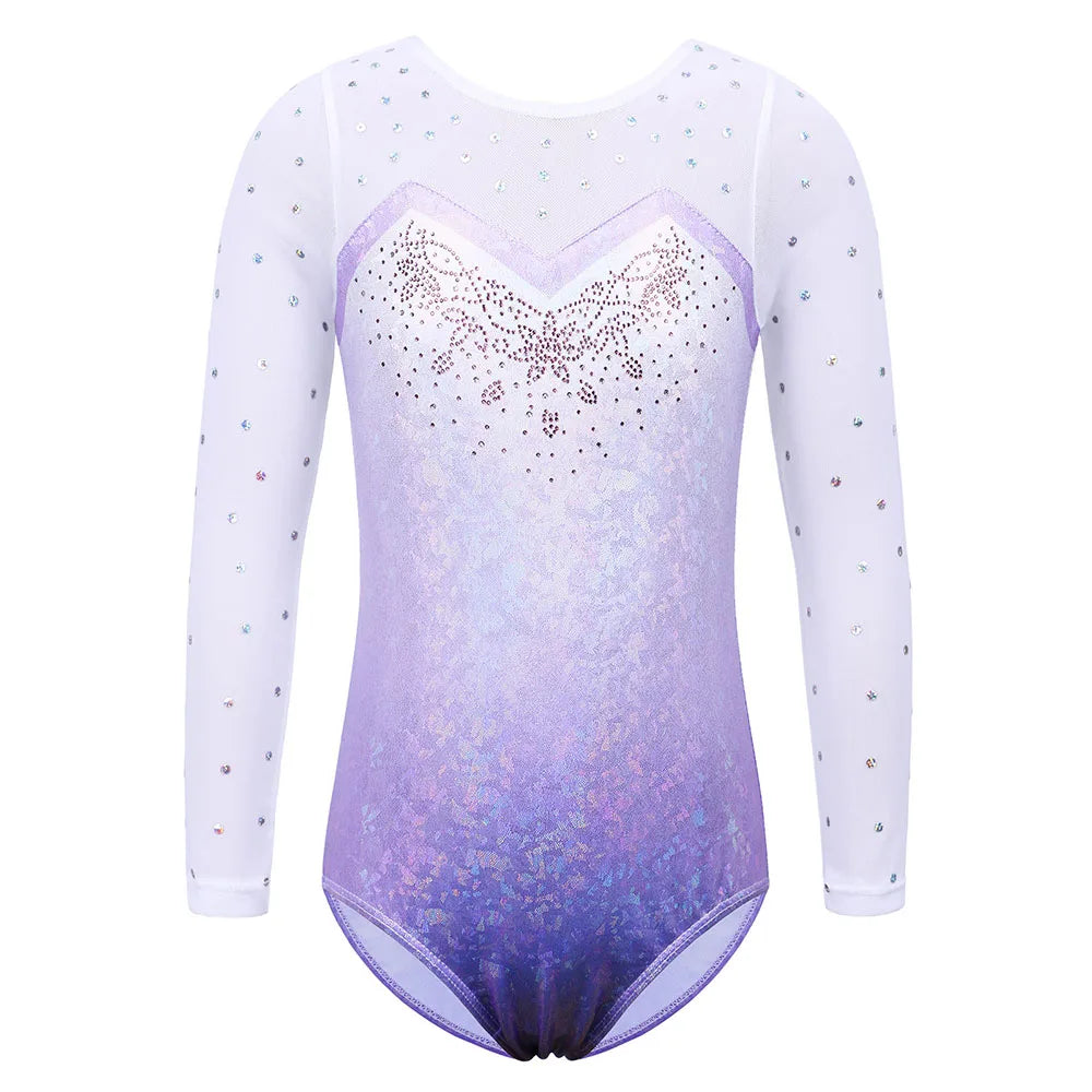 BAOHULU Long Sleeve Mesh Patchwork Leotards for Girls Toddler Kids Diamond Gymnastics Jumpsuit Bodysuit Teens Gymnastics Clothes 15