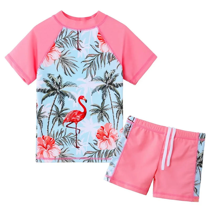 BAOHULU Cyan Girls Swimwear Short Sleeve Kids Bathing Suit 2pcs upf 50+ Beachwear Leaves Swimming Suit Set for Children 2021 New 11