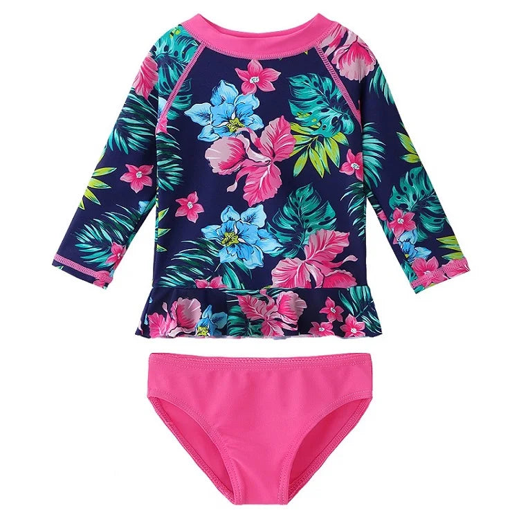 BAOHULU Floral Baby Girl Swimwear Long Sleeve Infant Bathing Suit Cyan UPF50+ Swimsuit for Toddler Girls Teens Children Swimwear 11