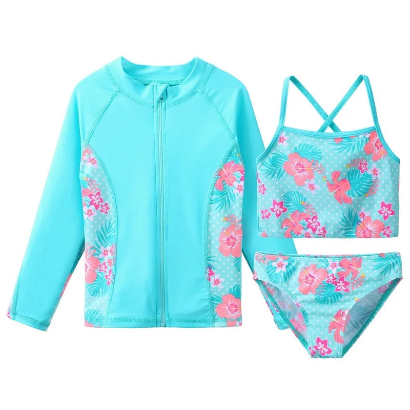 BAOHULU Children's Swimwear Cyan Floral Swimsuit Girls Bikini Tankini Set Swimwear Kids Long Sleeve Swimming Suits for Girl 10