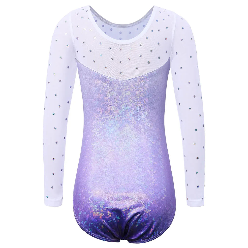 BAOHULU Long Sleeve Mesh Patchwork Leotards for Girls Toddler Kids Diamond Gymnastics Jumpsuit Bodysuit Teens Gymnastics Clothes 2