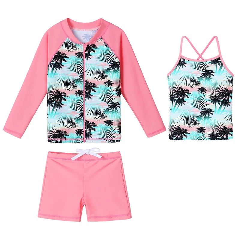 BAOHULU UPF50+ Swimsuit Girls Floral Long Sleeve Bathing Suit for Kids 3 pcs Bikinis Top+Shorts Children Swimwear with zipper 13