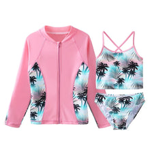 Load image into Gallery viewer, BAOHULU Children&#39;s Swimwear Cyan Floral Swimsuit Girls Bikini Tankini Set Swimwear Kids Long Sleeve Swimming Suits for Girl 8