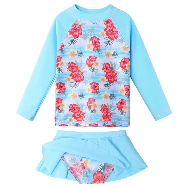 BAOHULU Cyan Floral Girls Swimwear Long Sleeve Kids Rash guards Set with Swim Skirt Children's Swimwear Beach Bathing Suit Girl 8