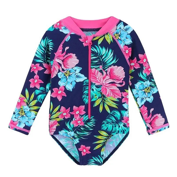 BAOHULU Navy Floral Baby Swimwear Long Sleeve UPF50+ Girls' Swimsuit One Piece Children Swimwear Toddler Bathing Suit Beachwear 12