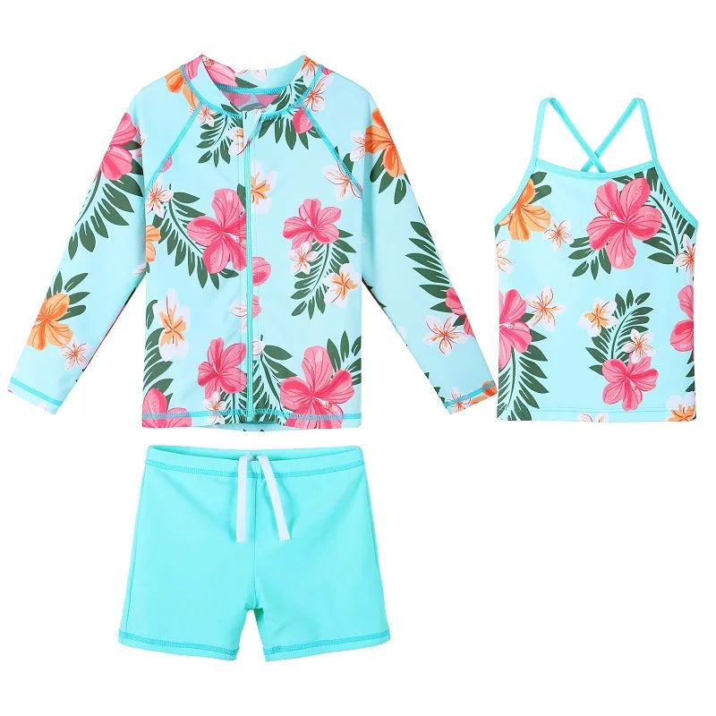 BAOHULU UPF50+ Swimsuit Girls Floral Long Sleeve Bathing Suit for Kids 3 pcs Bikinis Top+Shorts Children Swimwear with zipper 7