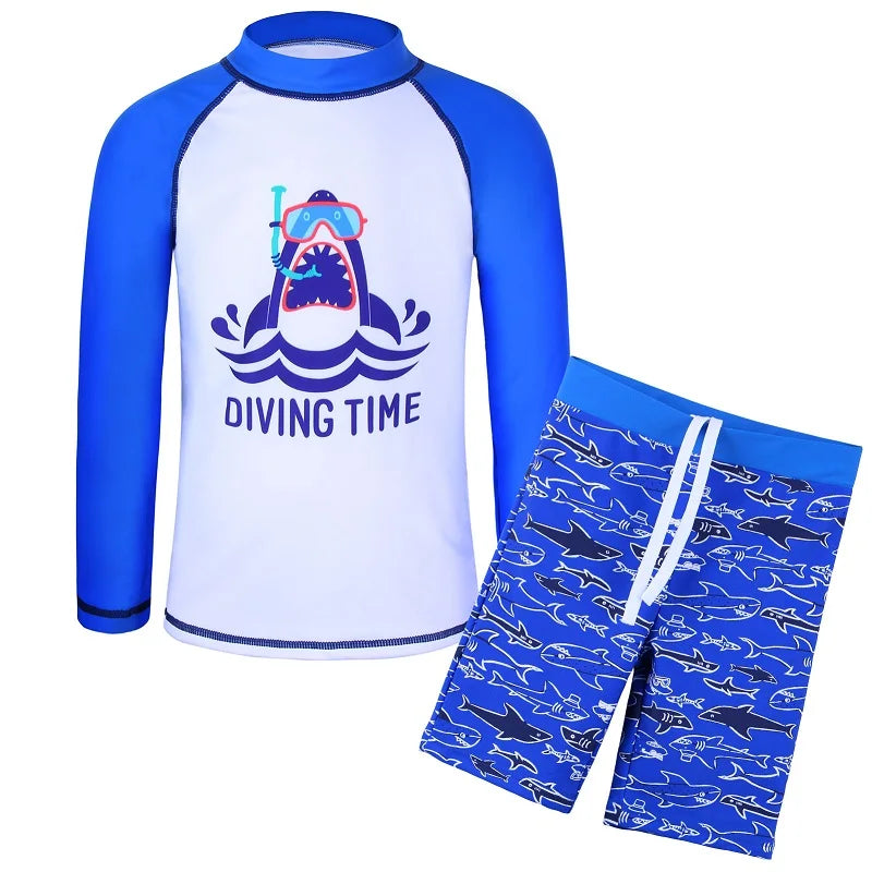 BAOHULU Kids Long Sleeve Swimsuit Children Blue Car Print Swimwear Two Pieces Sport Style Bathing Suit UPF 50+ Beachwear 10