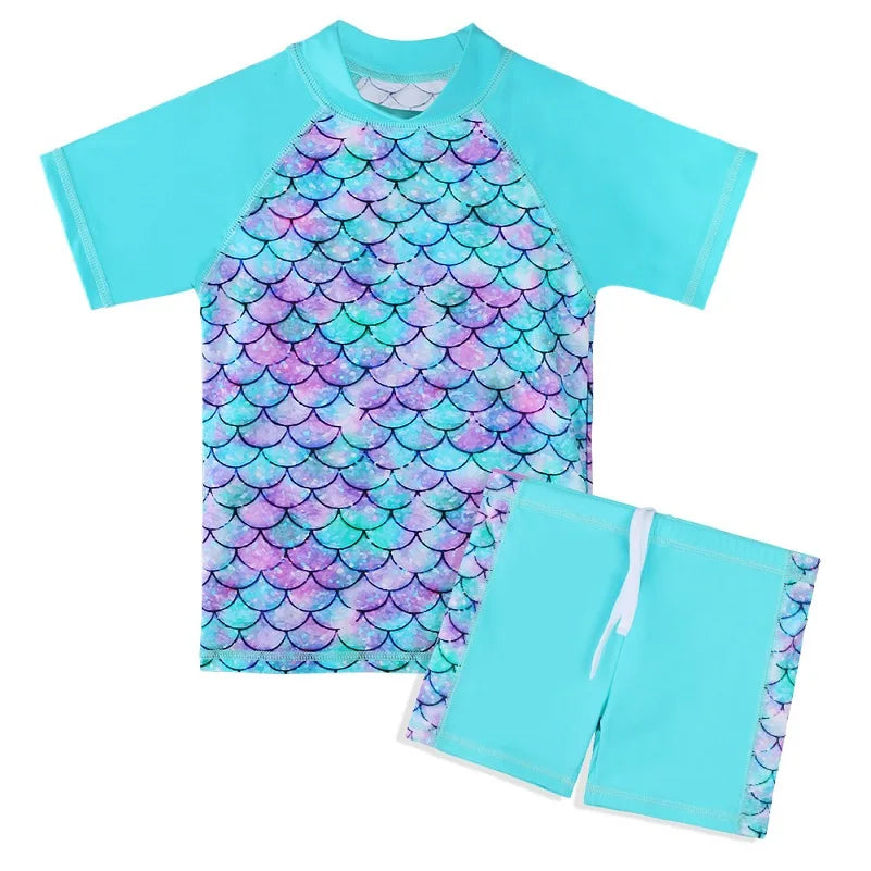 BAOHULU Cyan Girls Swimwear Short Sleeve Kids Bathing Suit 2pcs upf 50+ Beachwear Leaves Swimming Suit Set for Children 2021 New 8