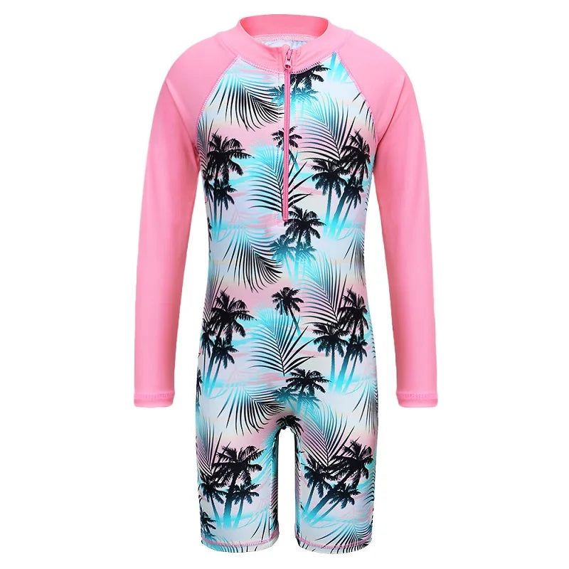 BAOHULU Cyan Floral Long Sleeve Girls Swimwear One Piece Children Swimming Suits UPF50+ Swimsuit Kids 4-11 Years Rash Guards 10