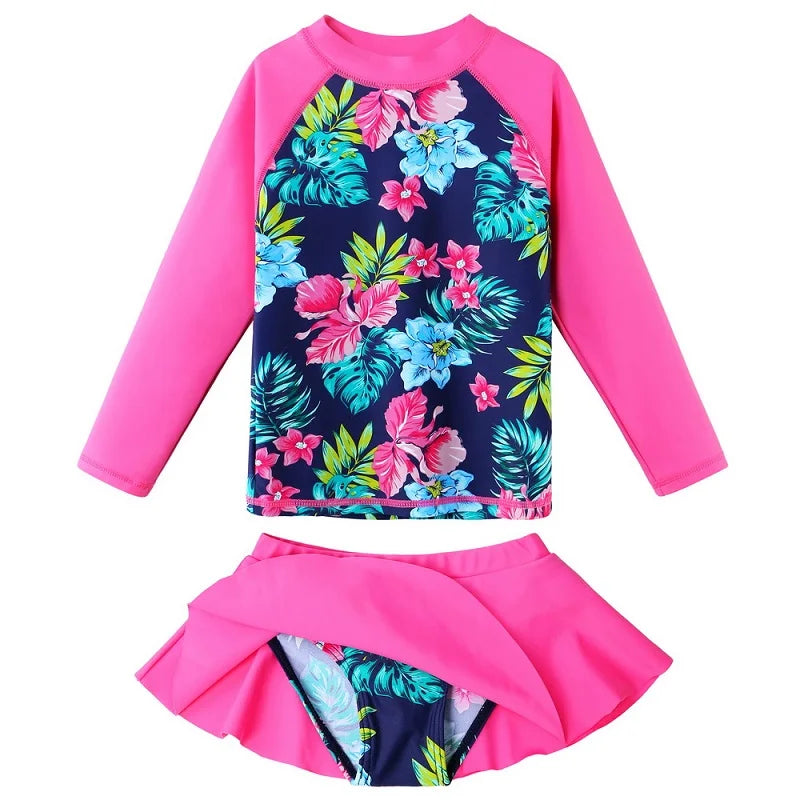 BAOHULU Cyan Floral Girls Swimwear Long Sleeve Kids Rash guards Set with Swim Skirt Children's Swimwear Beach Bathing Suit Girl 7