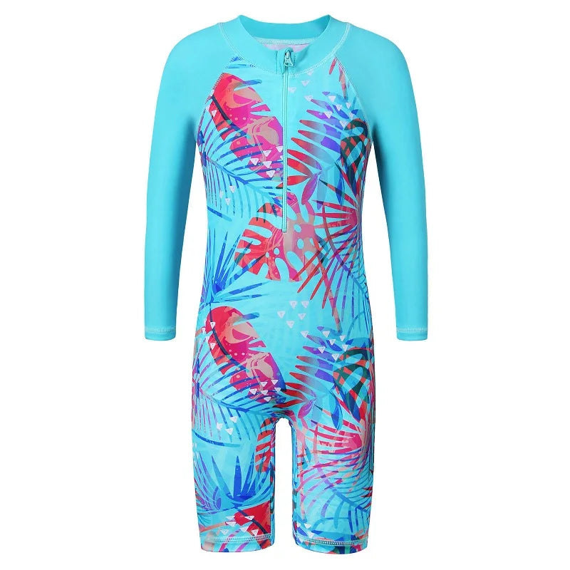 BAOHULU Cyan Floral Long Sleeve Girls Swimwear One Piece Children Swimming Suits UPF50+ Swimsuit Kids 4-11 Years Rash Guards 14