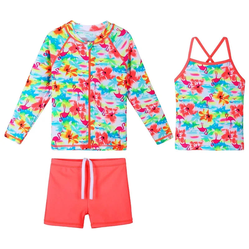 BAOHULU UPF50+ Swimsuit Girls Floral Long Sleeve Bathing Suit for Kids 3 pcs Bikinis Top+Shorts Children Swimwear with zipper 8