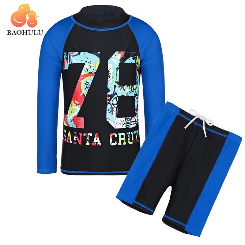 BAOHULU Kids Long Sleeve Swimsuit Children Blue Car Print Swimwear Two Pieces Sport Style Bathing Suit UPF 50+ Beachwear 12