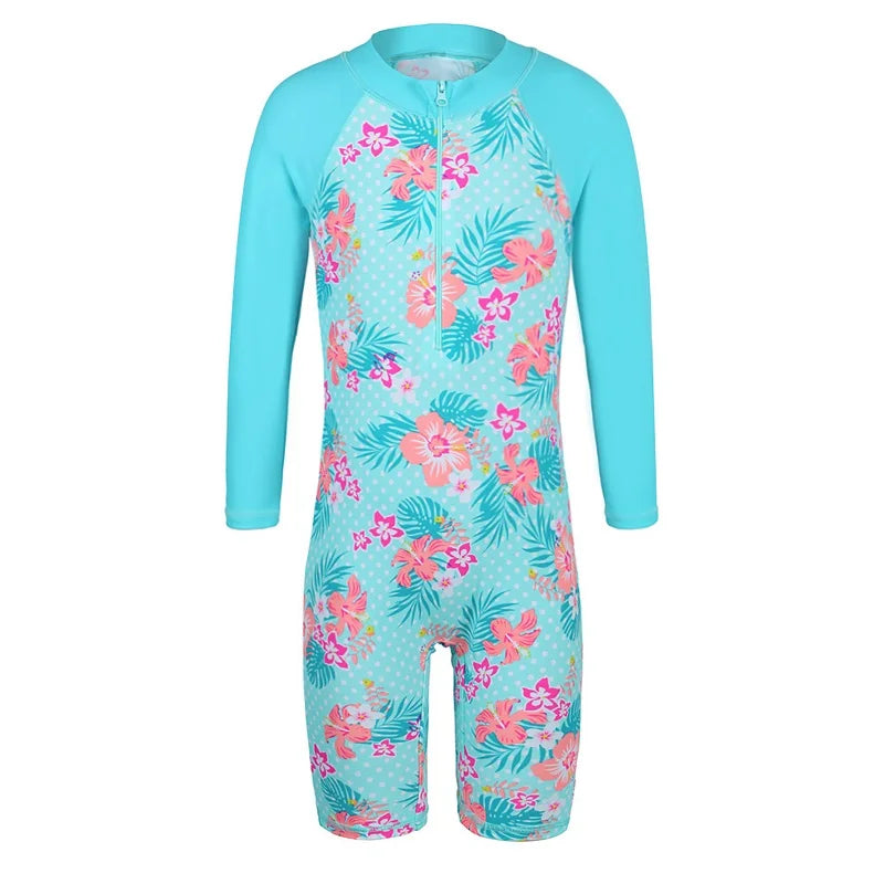 BAOHULU Cyan Floral Long Sleeve Girls Swimwear One Piece Children Swimming Suits UPF50+ Swimsuit Kids 4-11 Years Rash Guards 13